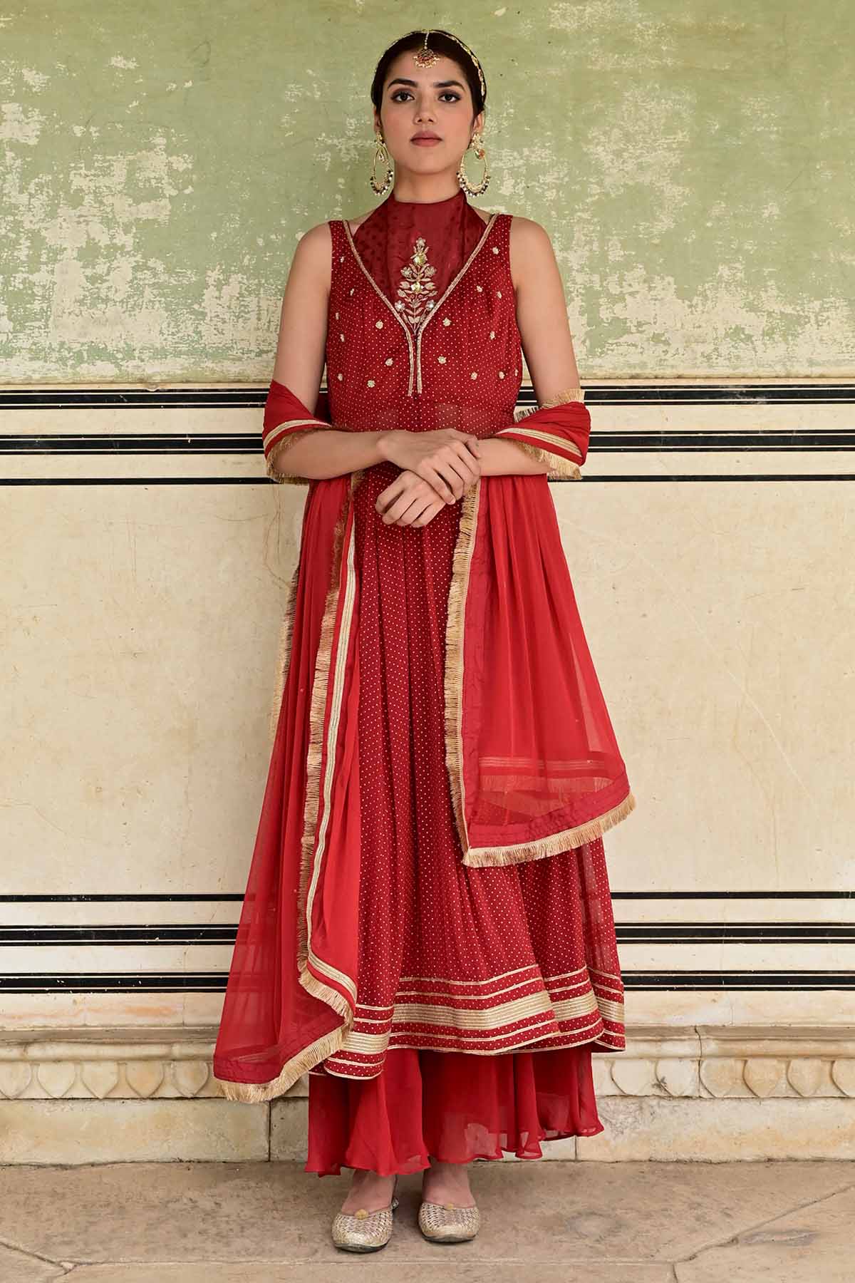 Taro India Red Zari Lace Work Anarkali Set for women online at ScrollnShops